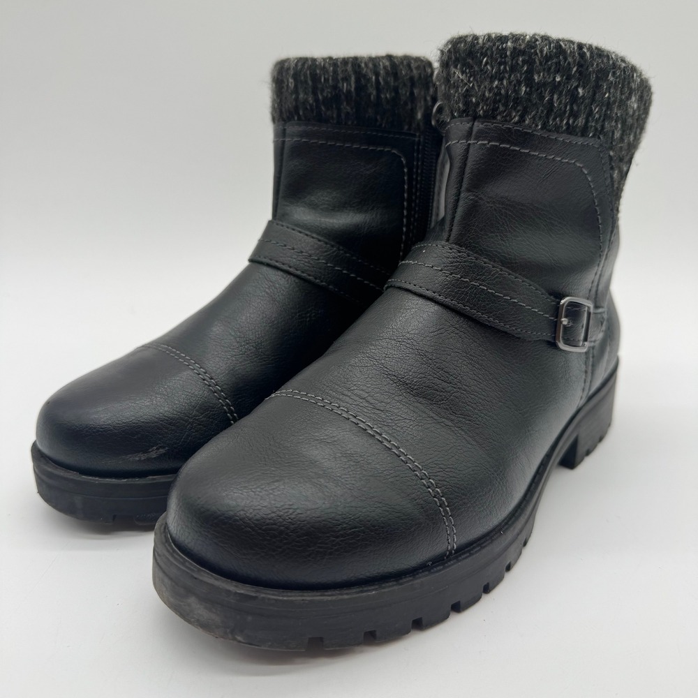 J Sport Violet Women's 7.5 Black Ankle Boots Knit Cuff Buckle Zip Lug Sole